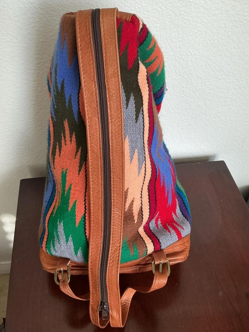 Kilim Style Southwestern Woven Backpack Sling Bag with Tan Leather Trim